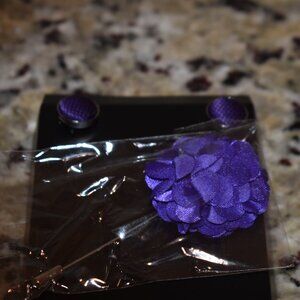 Pair of Purple Cufflinks with Matching Purple Flower Pin - Brand New